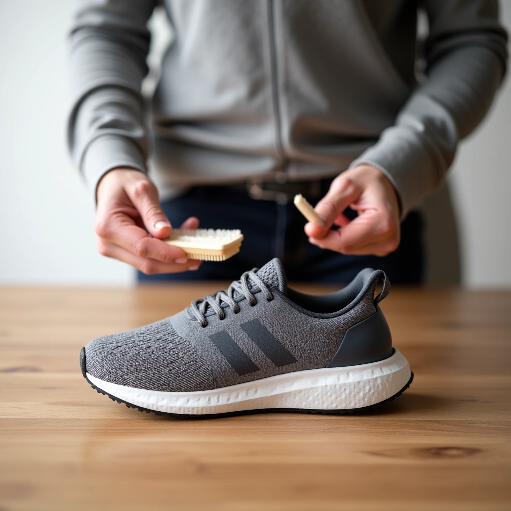 Hands cleaning running shoe with soft brush, clean workspace with care products, professional product care demonstration