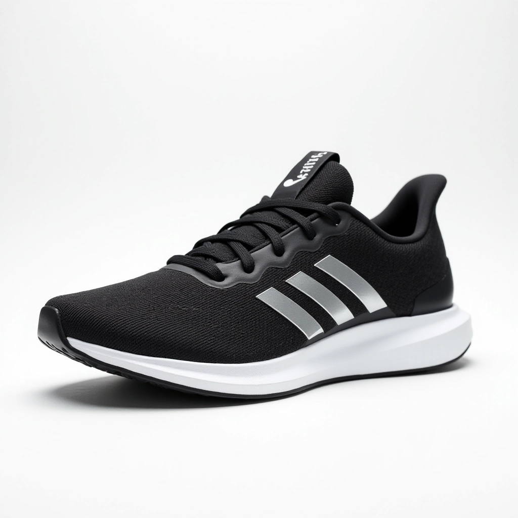 Professional product photography of black and silver Velocity Pro running shoe centered on white background, shoe positioned at 45-degree angle showing side profile with mesh upper and responsive midsole