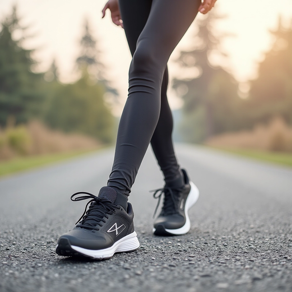 Runner wearing Velocity Pro black and silver shoes on asphalt road, morning light, profile view showing shoe in motion, sharp focus on footwear
