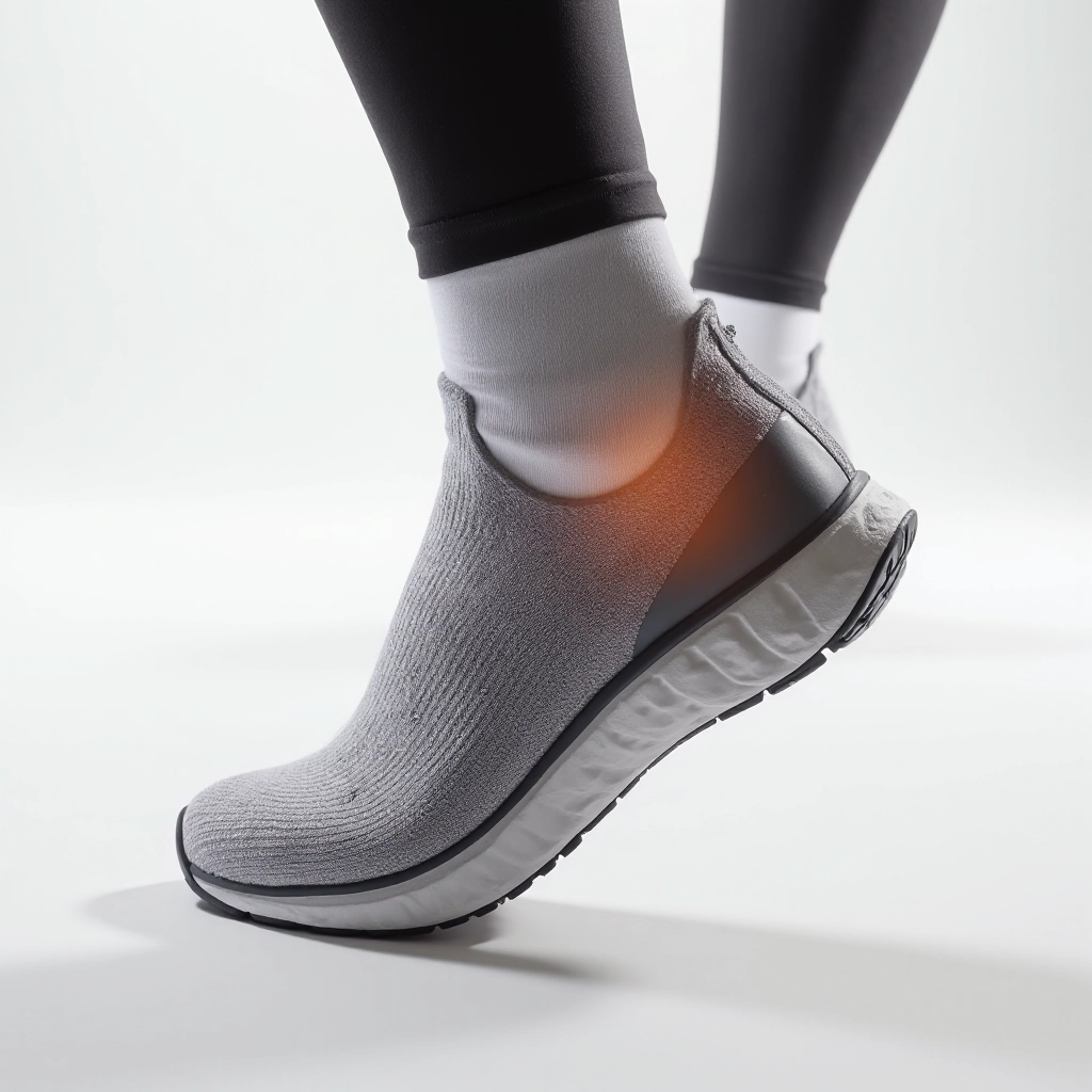 Foot diagram showing the strategic arch support zones and reinforced heel area of the running socks during a running stride