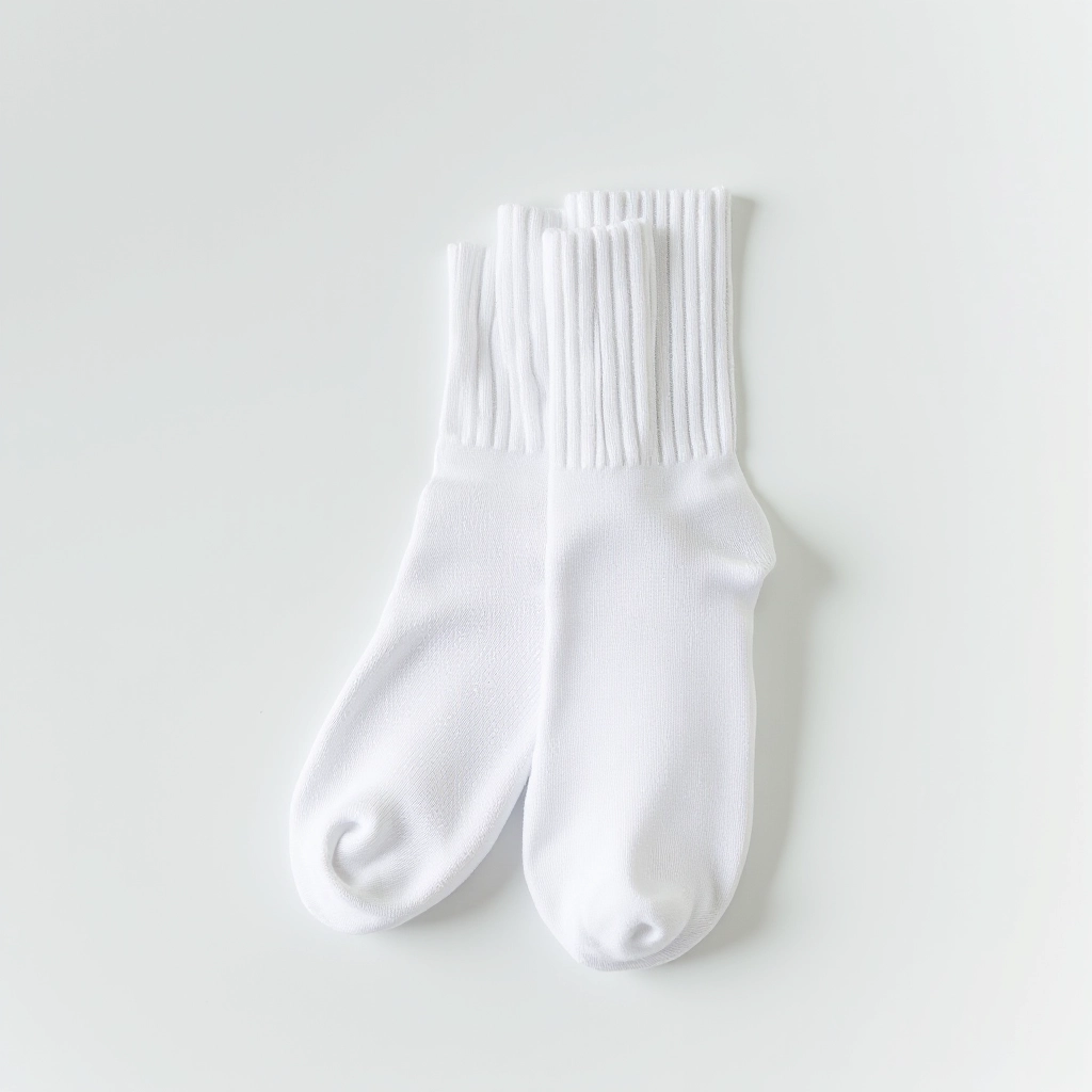 Clean white running socks laid out on a fresh white surface, representing proper care and maintenance of athletic footwear